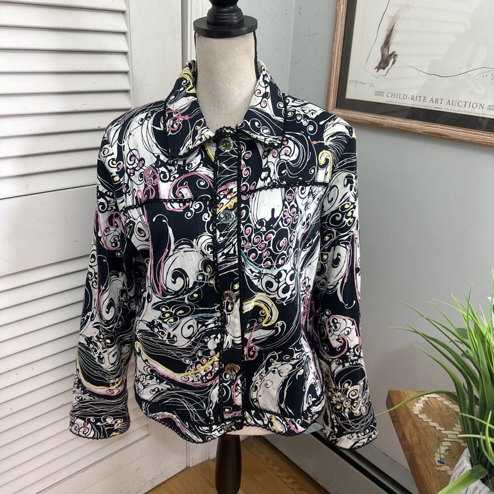 Vintage Anage Jacket Womens XL Black White Abstract Beaded Sequin Arty Boho